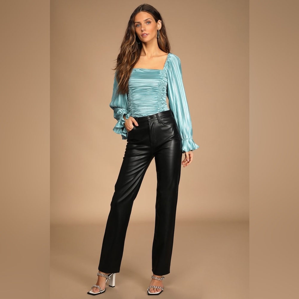 NWT Lulus Stunning Look Pleated Long Sleeve Ruched Bodysuit Teal Size Medium - Picture 6 of 13